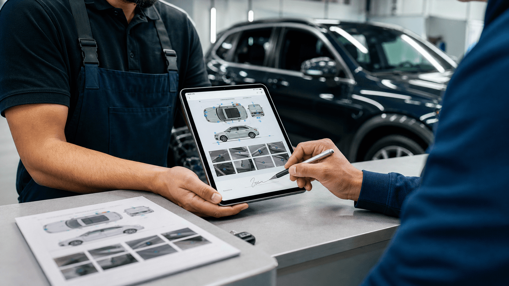 Customer signing a digital vehicle condition report before detailing service begins.