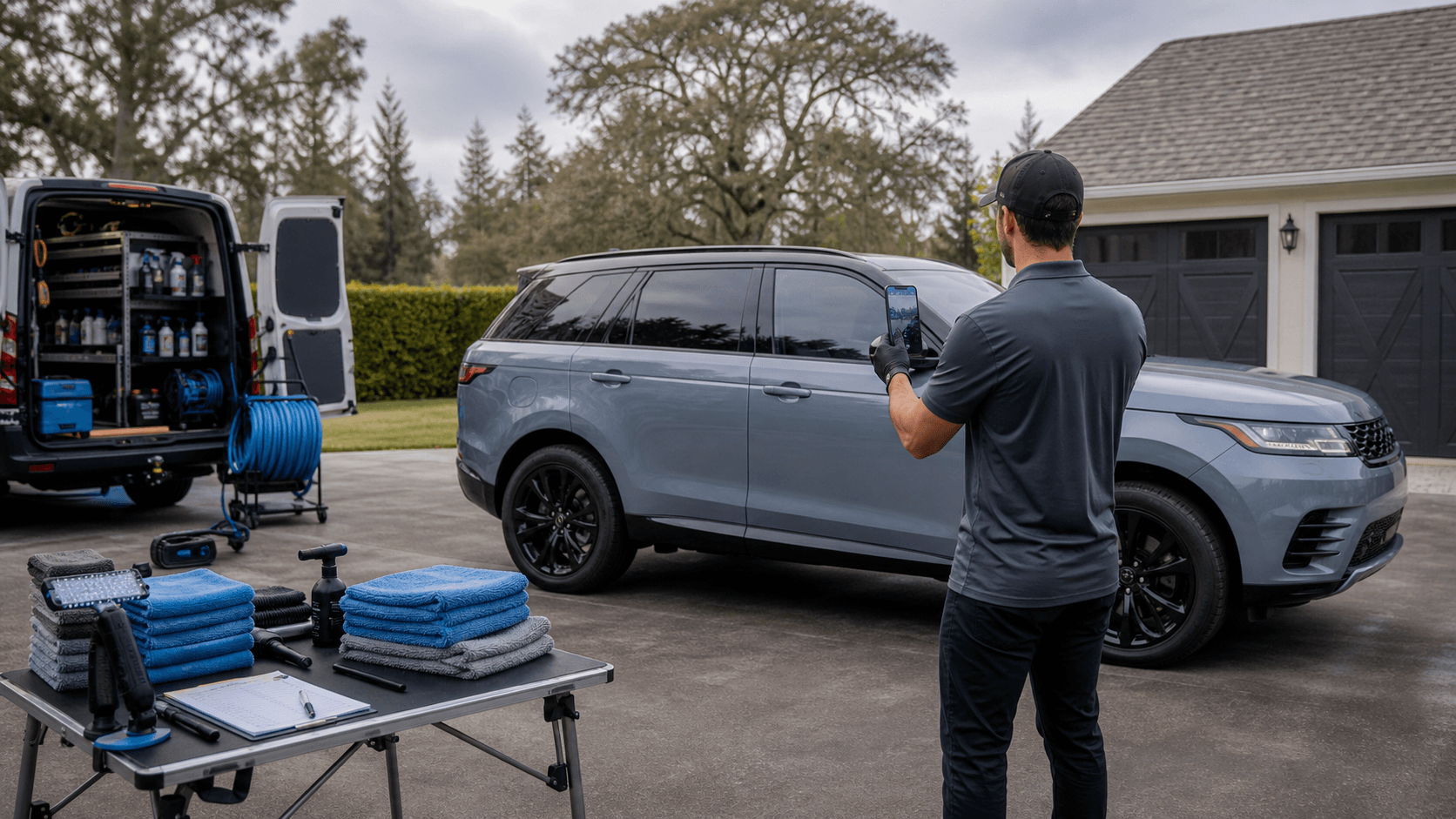 Mobile detailer photographing the side of an SUV with organized detailing equipment nearby.