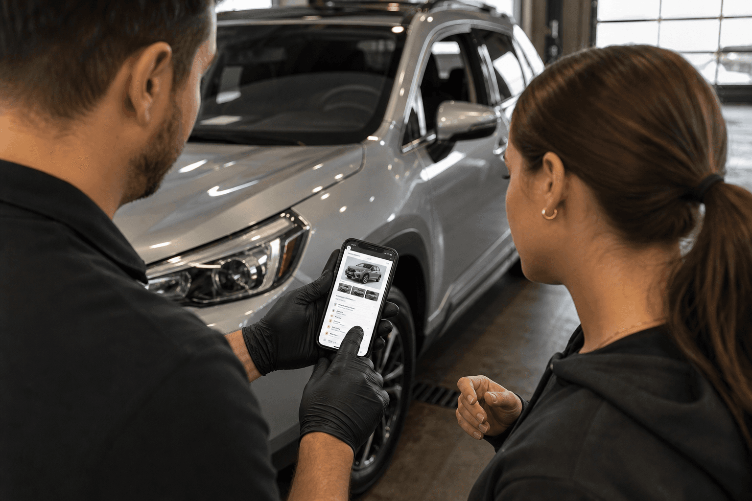 Detailer reviewing a vehicle condition report with a customer during handoff