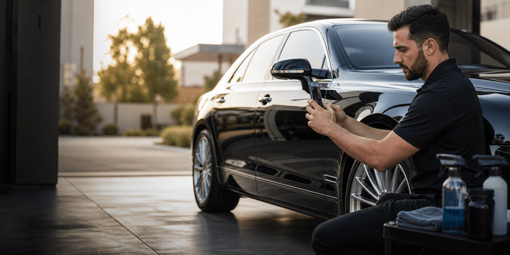 Professional auto detailer documenting vehicle condition with DetailProof