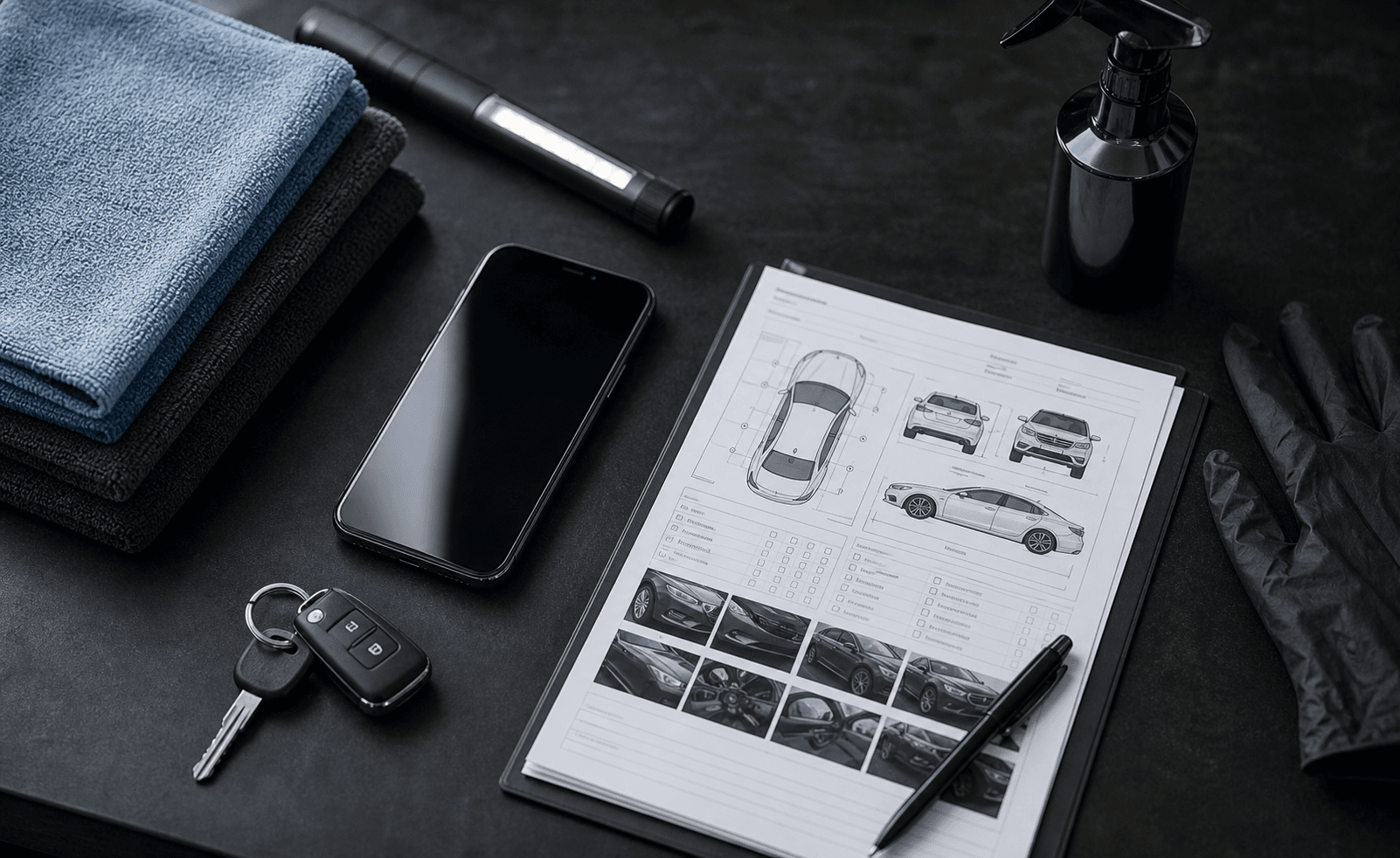 Detailing workbench with printed vehicle condition report and inspection tools