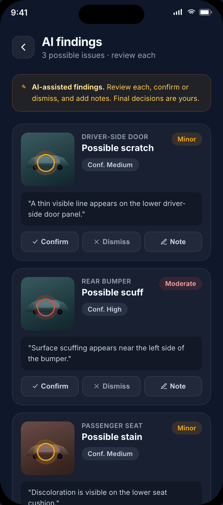 AI-assisted damage findings review screen in DetailProof