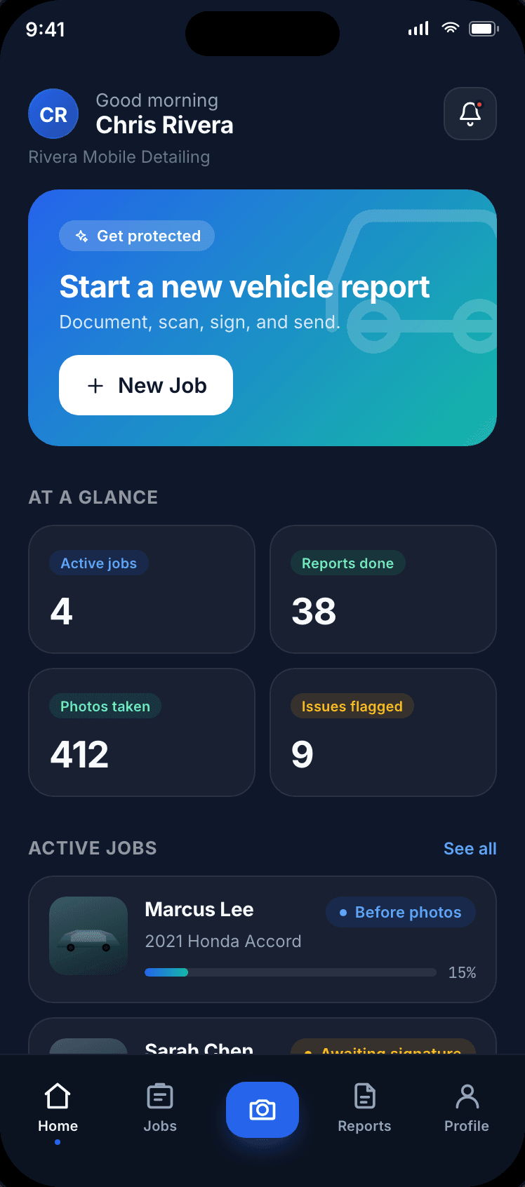 DetailProof job dashboard with active vehicle condition reports