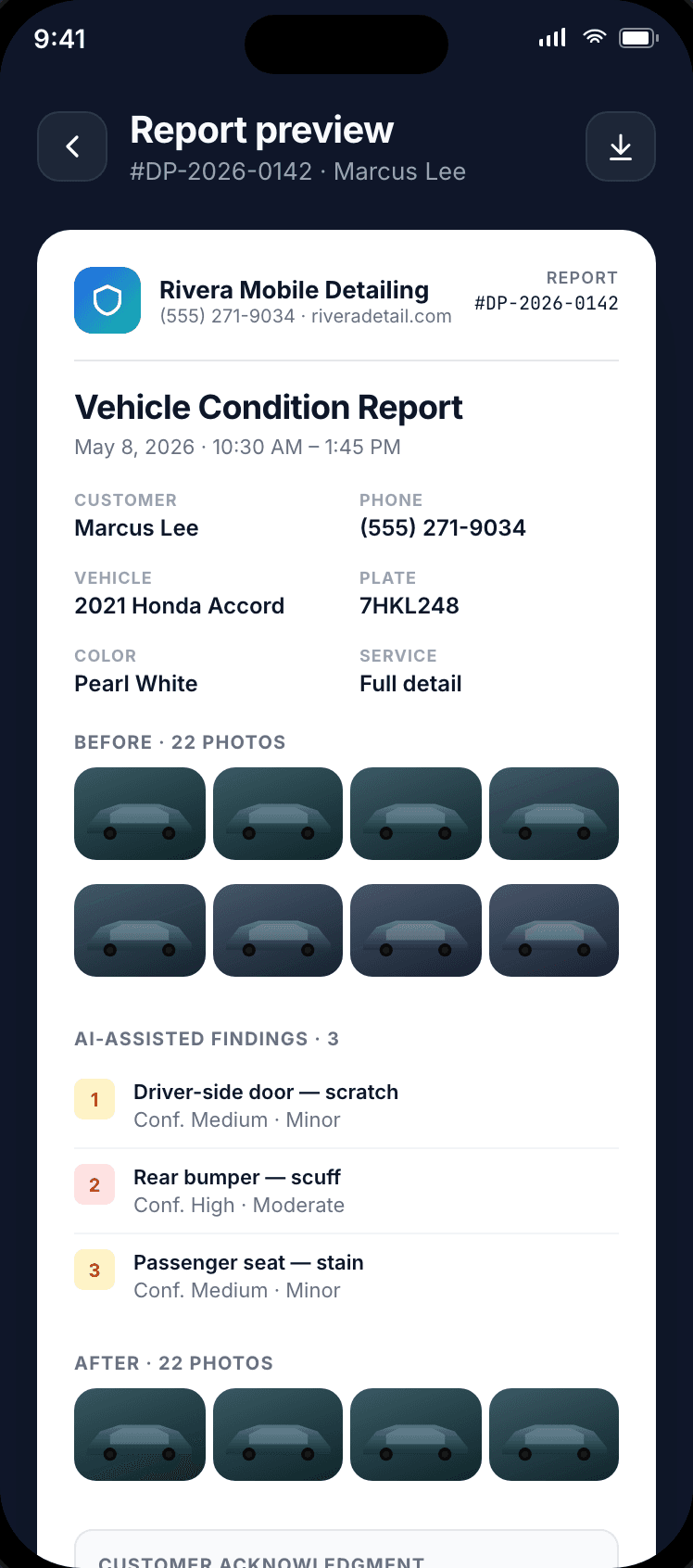 Branded PDF vehicle condition report preview in DetailProof